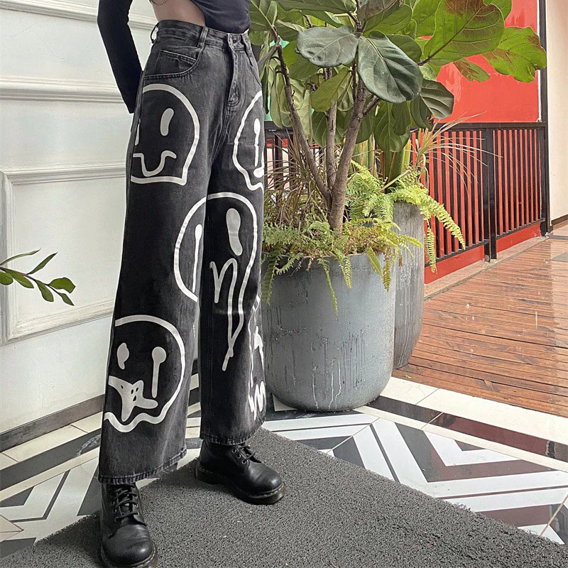 Fashion Female Black Jeans with Ghosts Print / Loose Casual Denim Wide Leg Pants for Women - HARD'N'HEAVY
