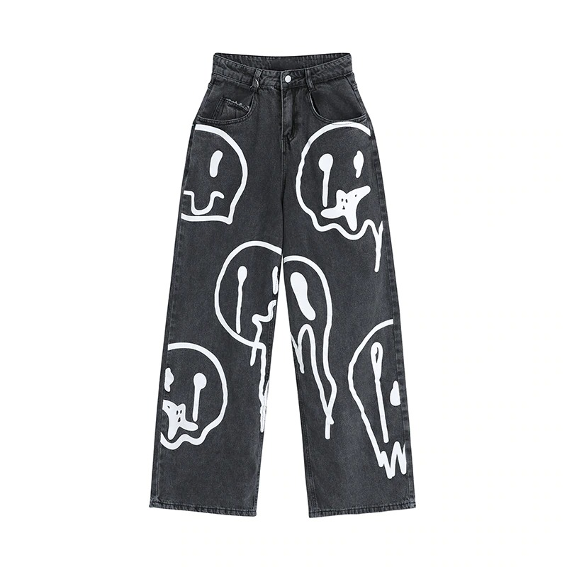 Comfy women's black jeans with ghost print, featuring a loose fit and wide leg design for a casual style.