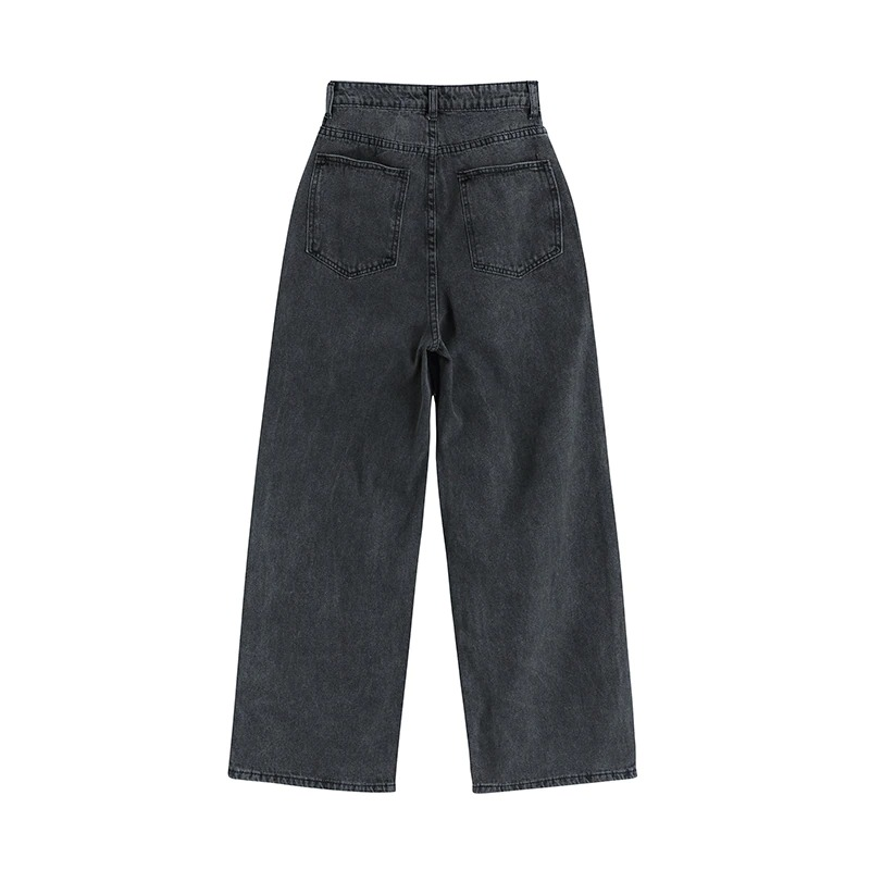 Back view of loose black jeans for women featuring a wide leg style, perfect for casual and comfortable outfits.