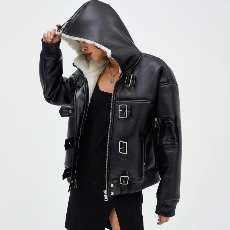 Fashion Female Black Pu Leather Jacket with fur /  Casual Women's Jackets with Hoody - HARD'N'HEAVY