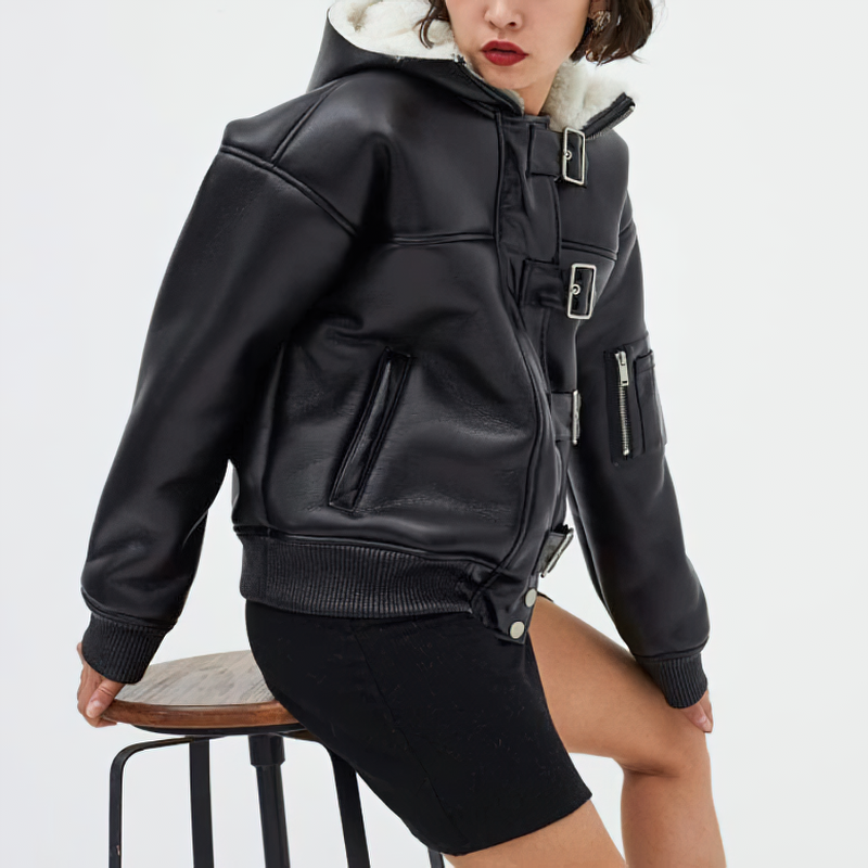 Fashion Female Black Pu Leather Jacket with fur /  Casual Women's Jackets with Hoody - HARD'N'HEAVY
