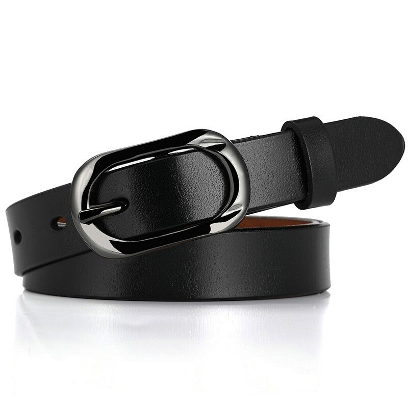 Elegant black genuine leather belt with a stylish silver pin buckle, perfect for casual outfits and women's jeans.