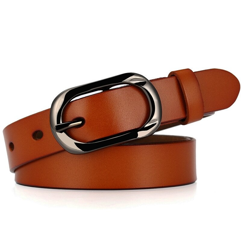 Stylish women's genuine leather belt in tan with a modern silver pin buckle, perfect for casual outfits.