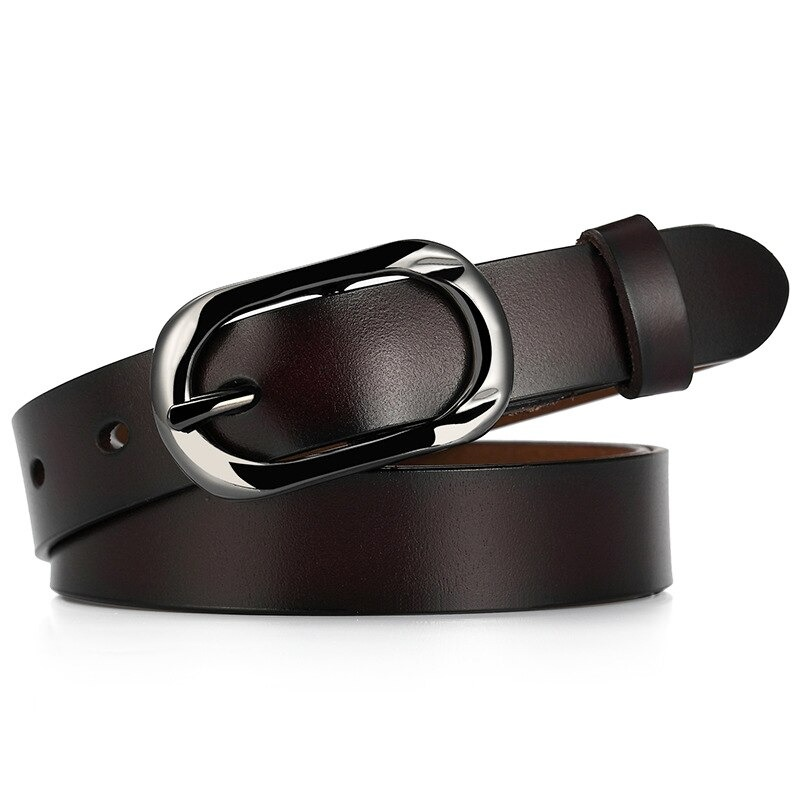 Stylish women's genuine leather belt in dark brown with a chic silver pin buckle, perfect for casual wear.