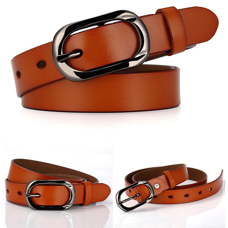 Stylish brown genuine leather belt with a silver pin buckle, perfect casual accessory for women's jeans.