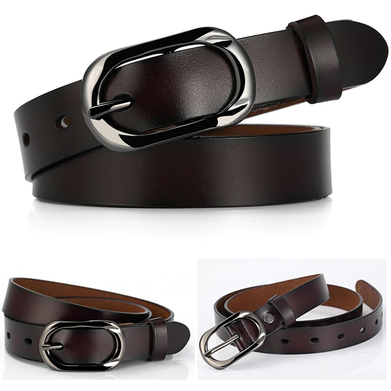 Stylish women's genuine leather belt with modern silver buckle, perfect for casual outfits and jeans.
