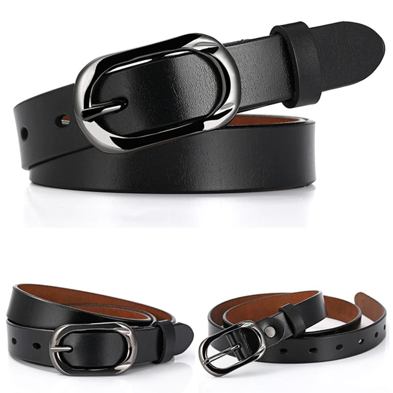 Fashion female genuine leather belt in black with silver buckle, perfect casual accessory for women.