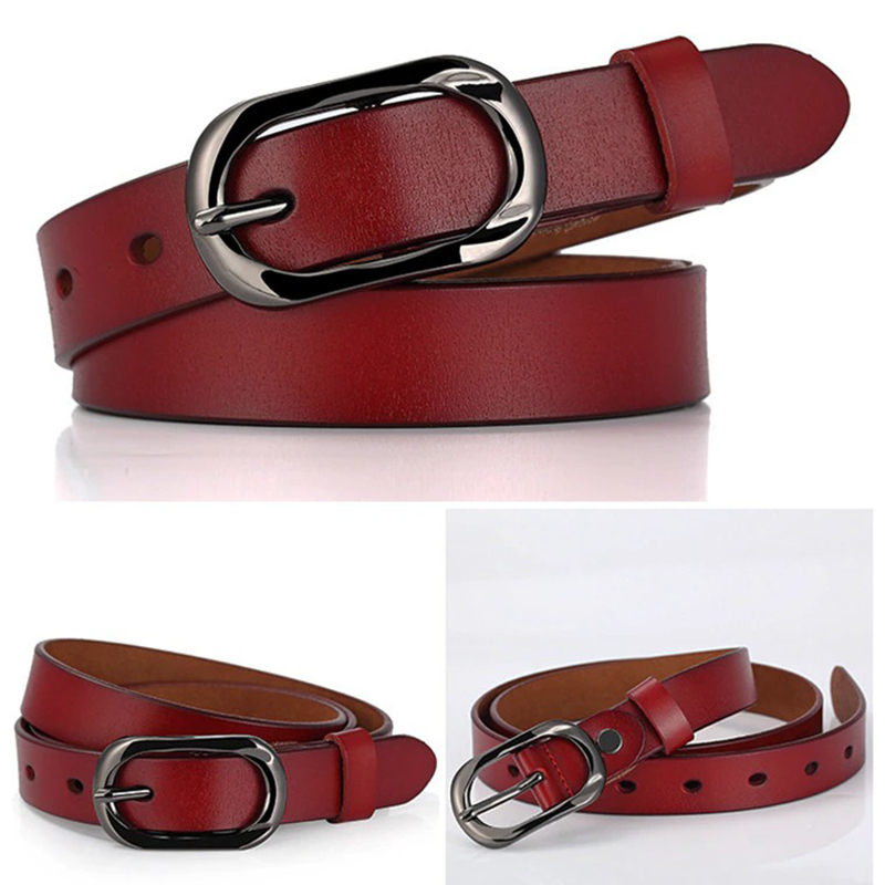 Stylish women's genuine leather belt in red with modern silver pin buckle for casual outfits.