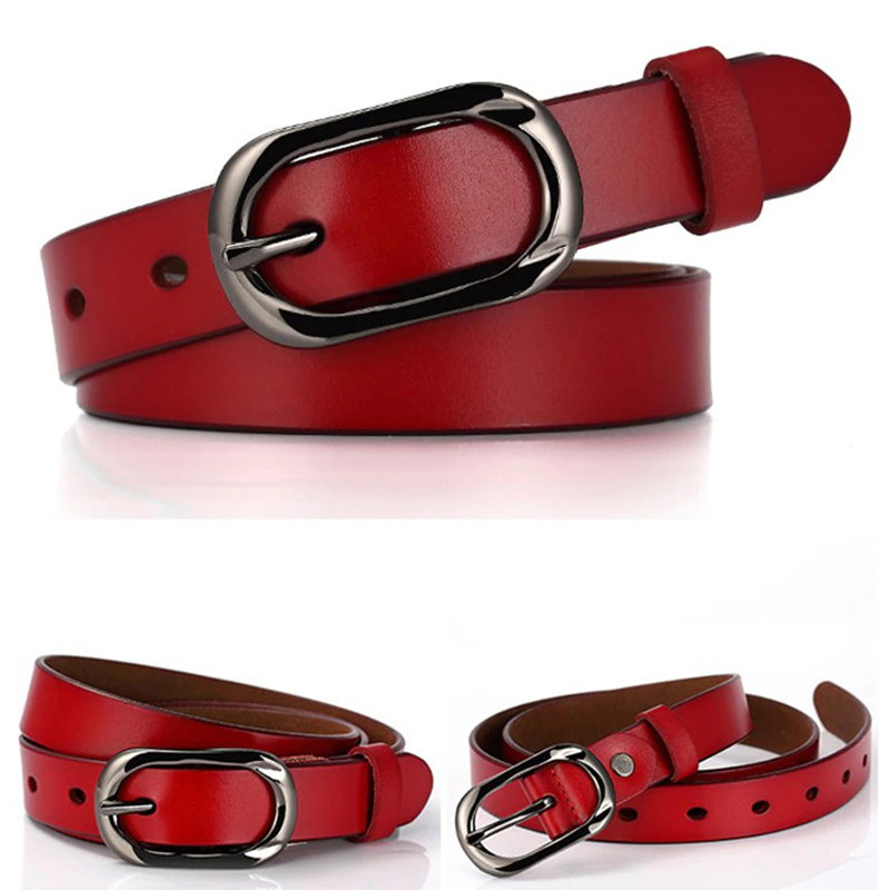 Fashion red genuine leather belt with silver pin buckle, a stylish accessory for women's casual outfits.