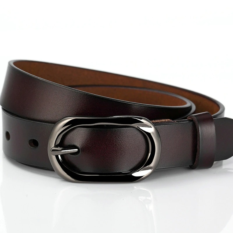 Fashion women's genuine leather belt with a sleek silver buckle, perfect for casual and stylish outfits.
