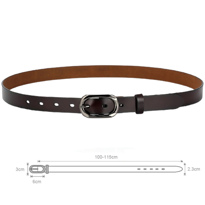Dark brown genuine leather women's belt with silver pin buckle and size dimensions 100-115cm.