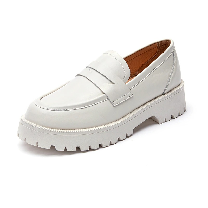 Trendy women's genuine leather loafers in white with thick sole for casual spring outings.