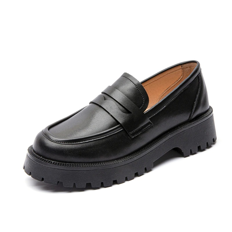 Fashion female genuine leather loafers in black with thick sole, stylish and comfy casual shoes for spring.
