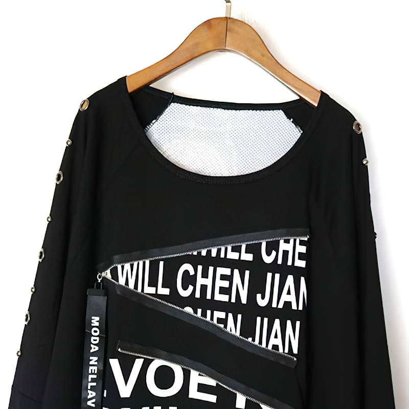 Fashion Female Loose Half Sleeve O-neck Pullover / Women's Black Clothing with Letter Print - HARD'N'HEAVY