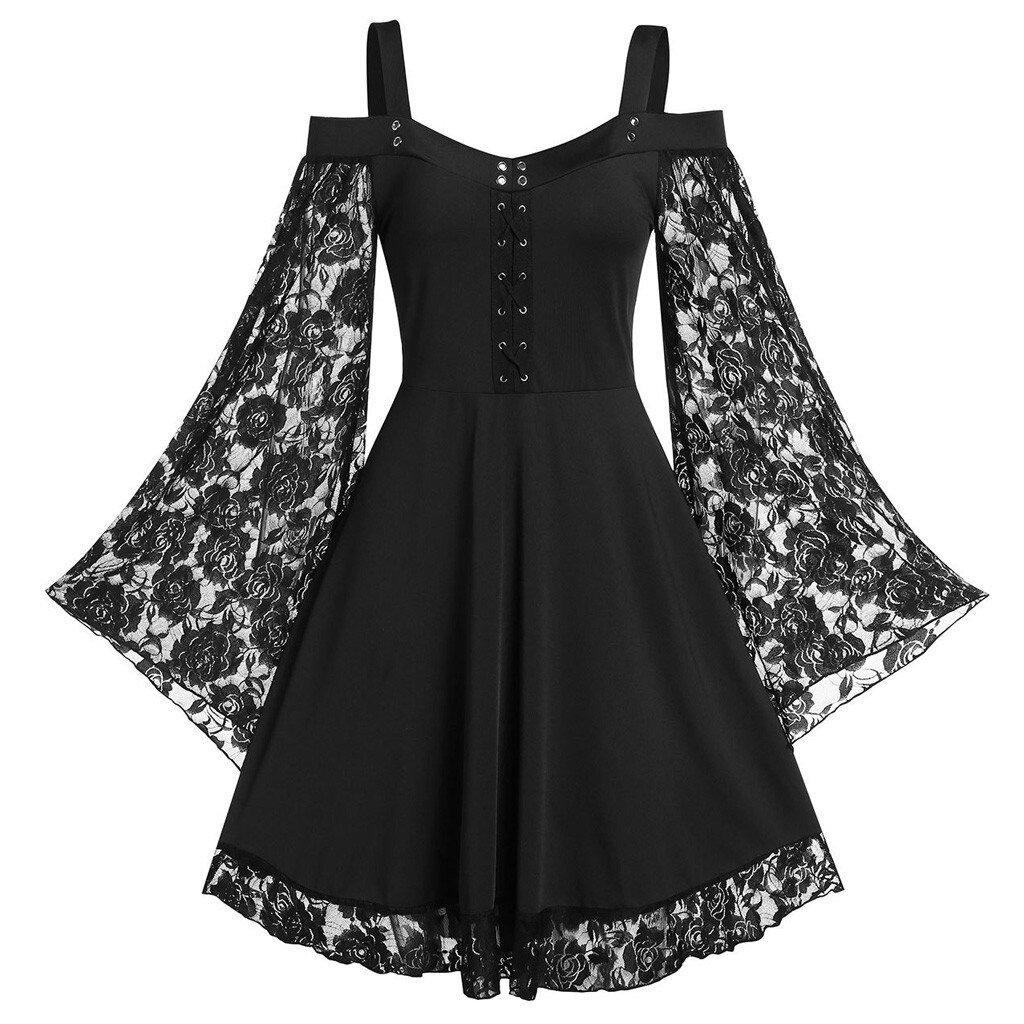 Gothic women's lace dress with flare sleeves, elegant black patchwork style and vintage cut.