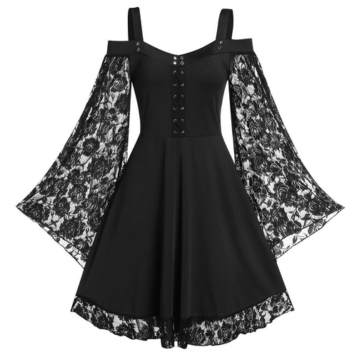 고딕 여성 레이스 조각 배색 드레스, 나팔 소매 포함
