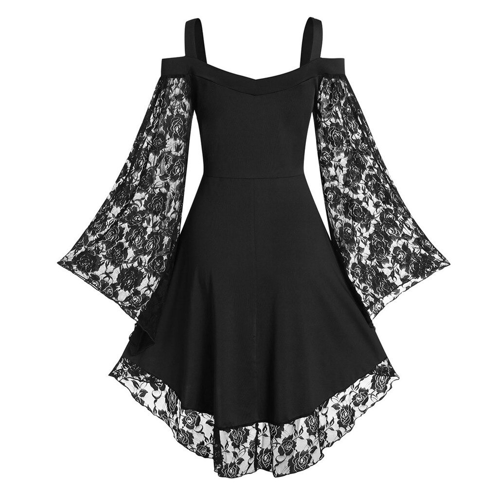 Gothic Women's Lace Patchwork Dresses With Flare Sleeve / Grunge Female A-line Mini Dresses - HARD'N'HEAVY
