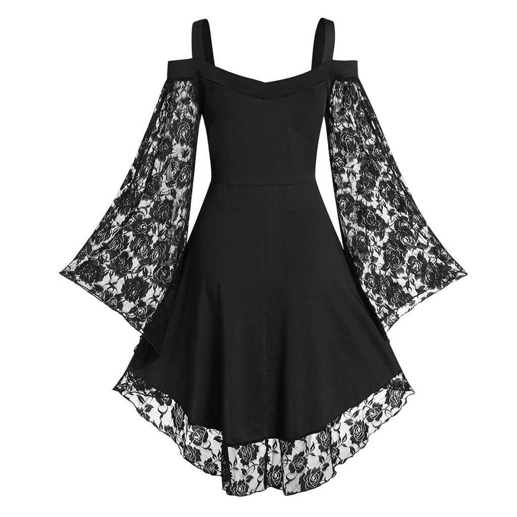 Gothic Women's Lace Patchwork Dresses With Flare Sleeve Gothic Women's Lace Patchwork Dresses With Flare Sleeve