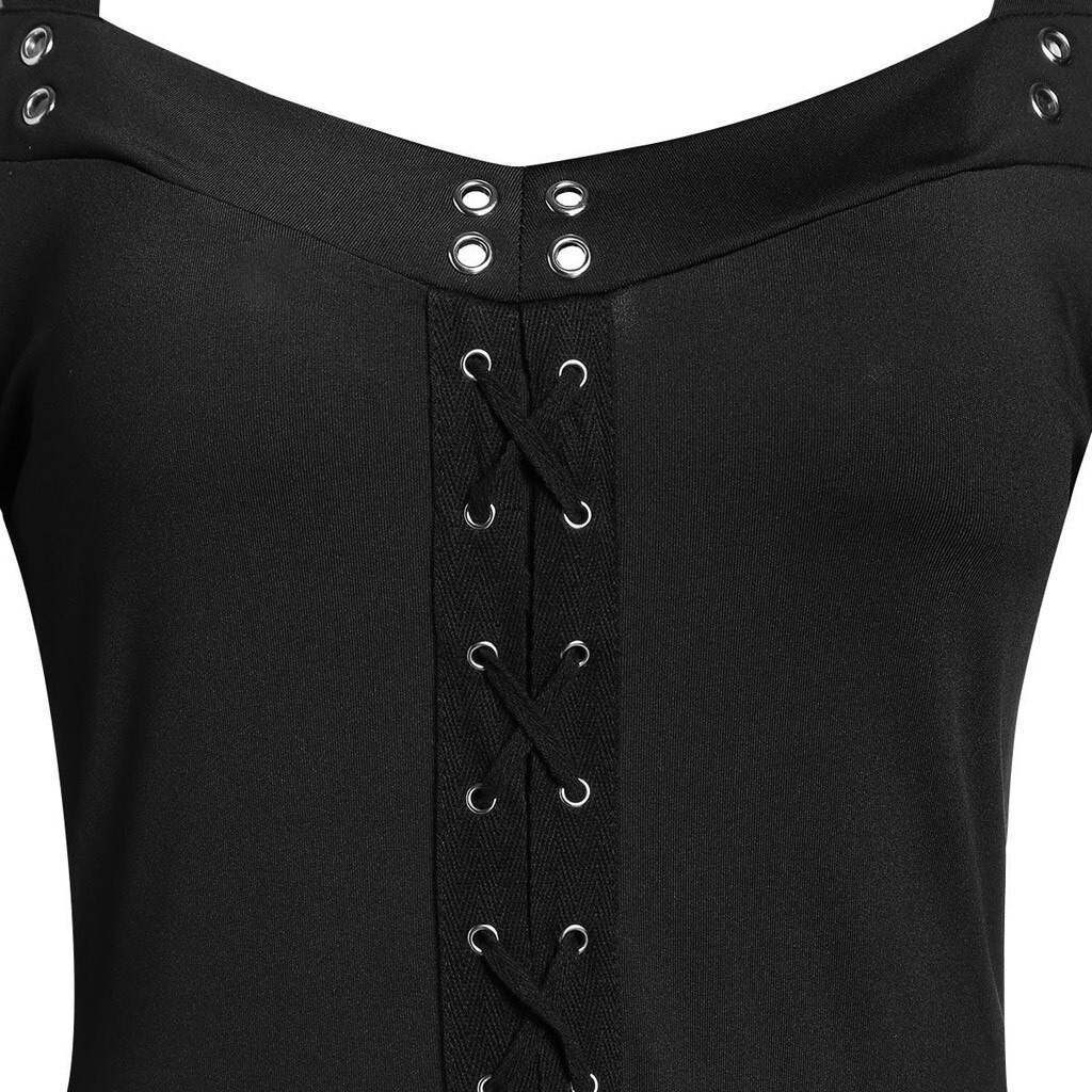 Close-up of Gothic women's black lace patchwork dress, featuring eyelets and lace-up design for an elegant look.