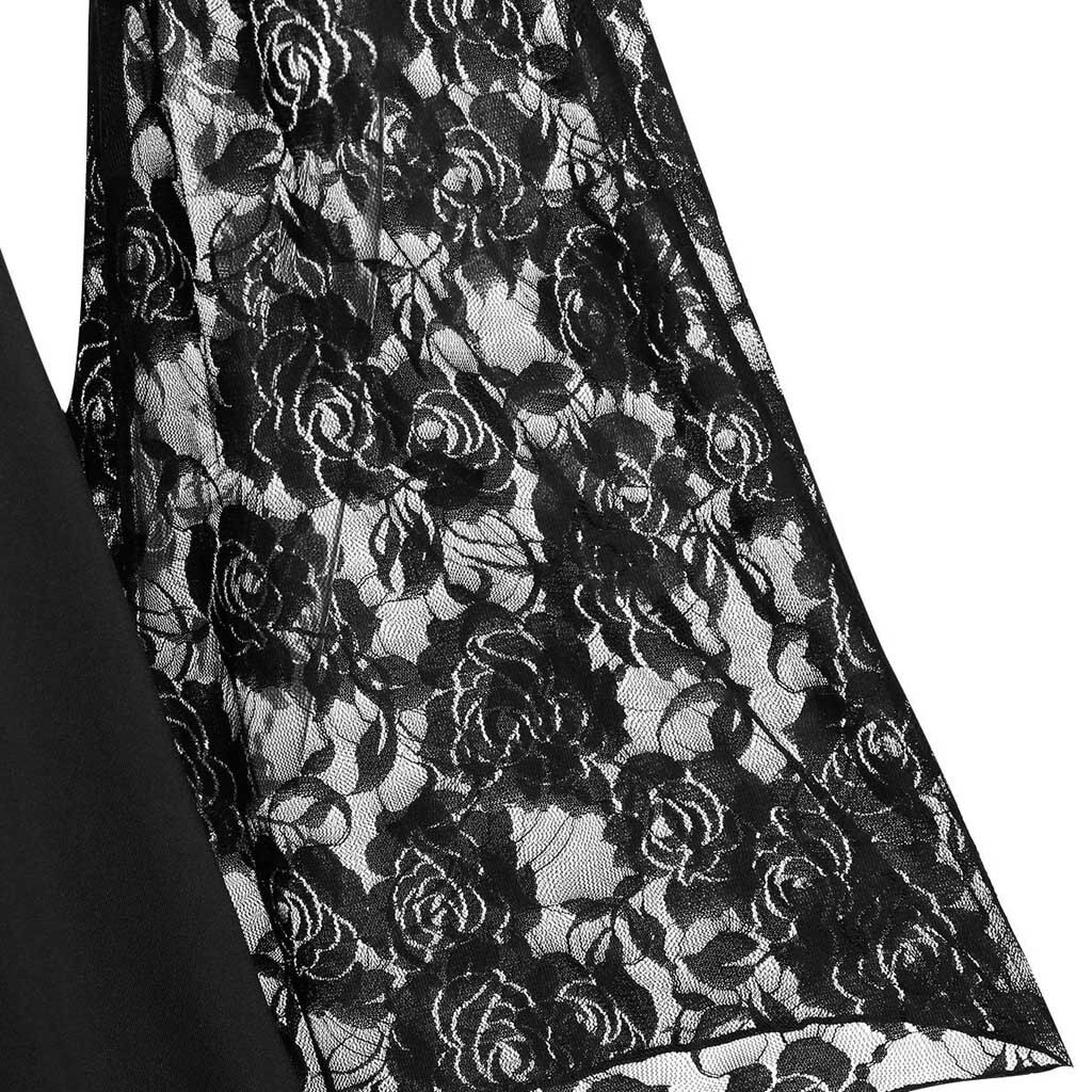 Close-up of black lace sleeve featuring intricate floral design for a gothic women's dress.