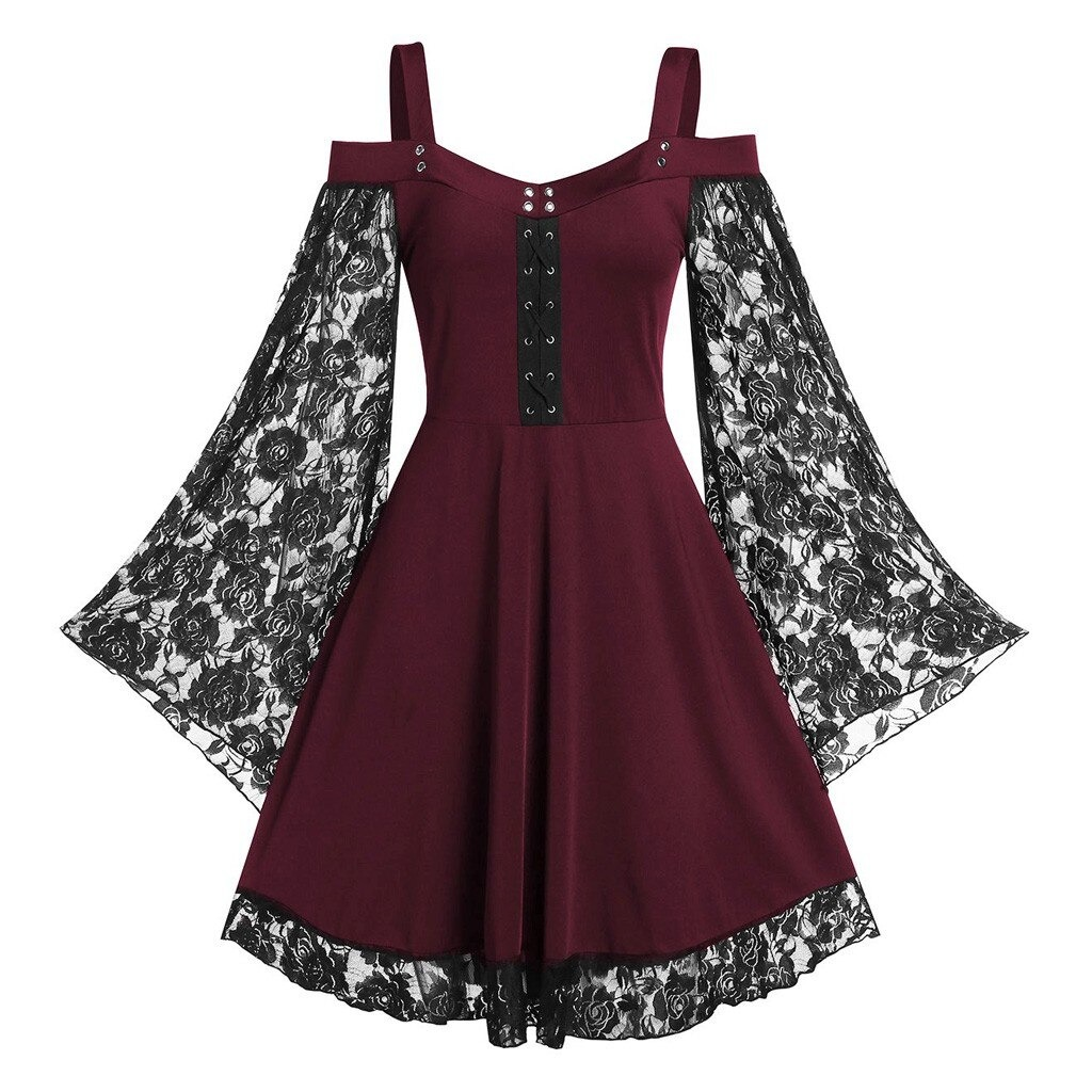 Gothic women's dress in burgundy with lace patchwork and flare sleeves, perfect for elegant occasions.