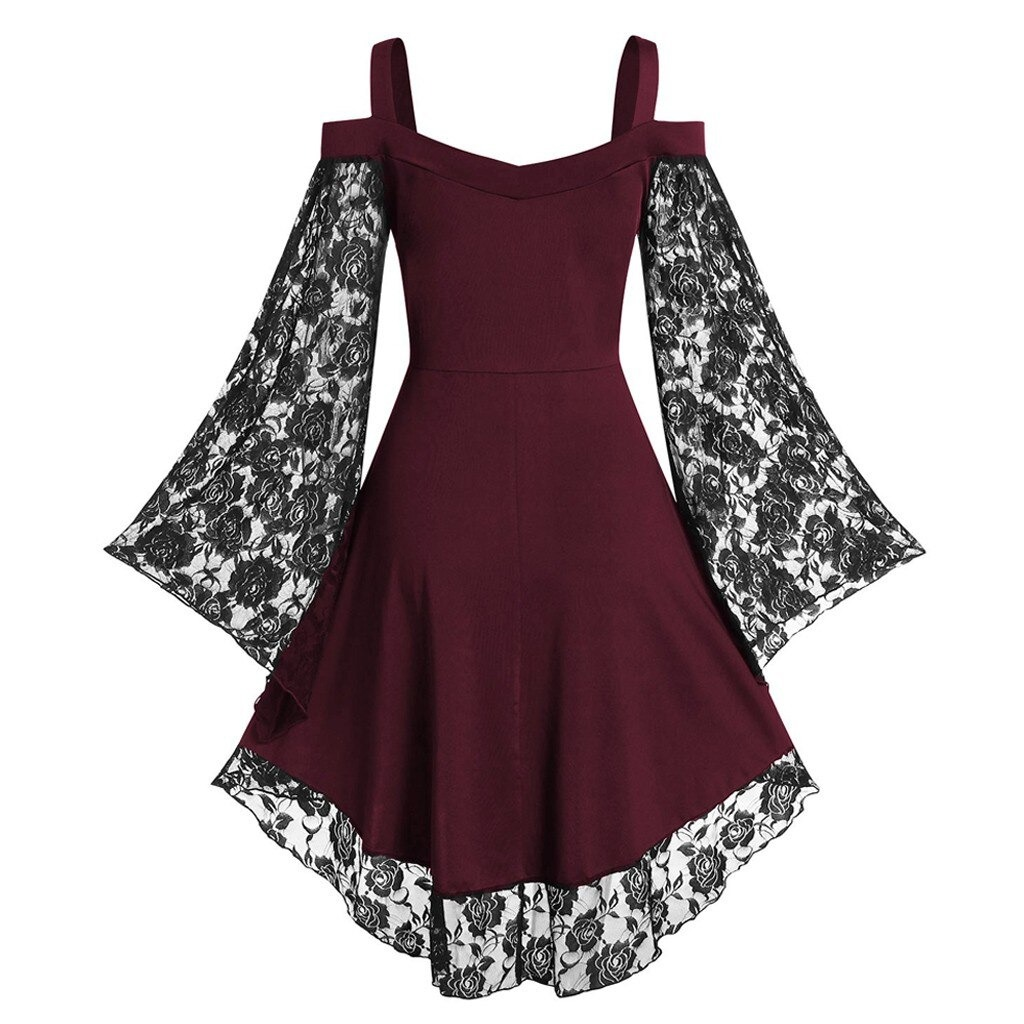 Gothic Women's Lace Patchwork Dresses With Flare Sleeve / Grunge Female A-line Mini Dresses - HARD'N'HEAVY