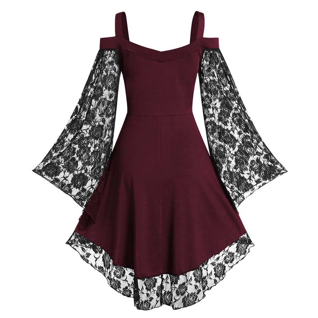Gothic women's dress in burgundy with lace patchwork and flare sleeves, perfect for elegant vintage style.