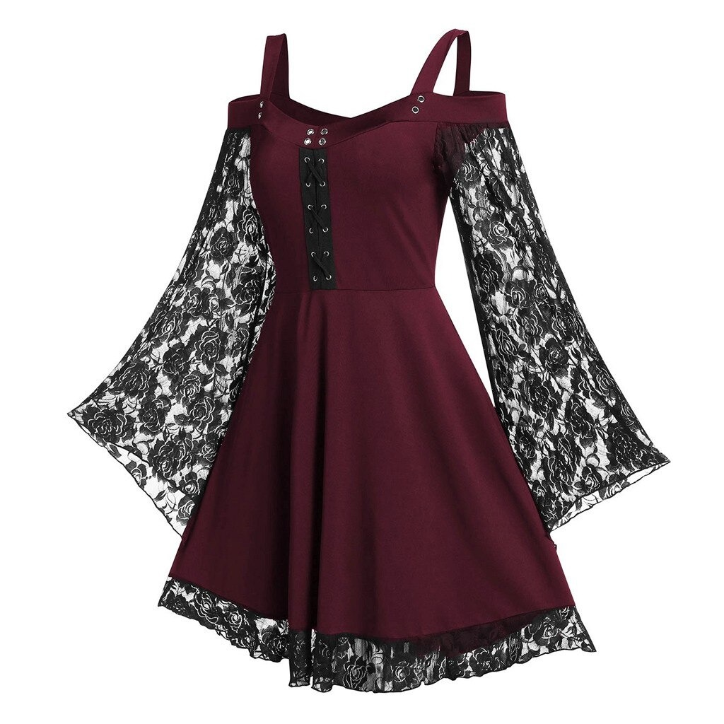 Gothic women's lace patchwork dress with flare sleeves and cold shoulder in deep burgundy.