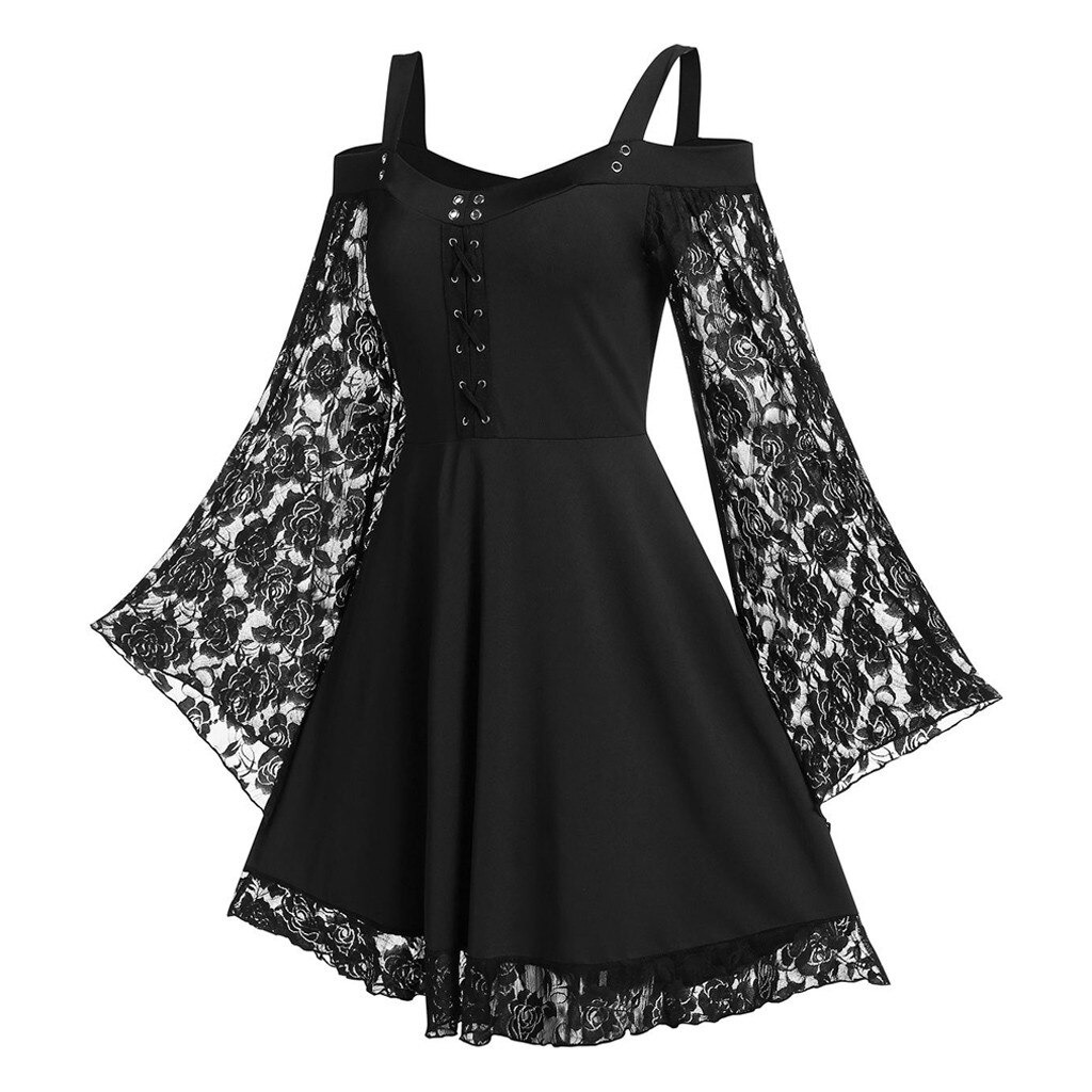 Gothic Women's Lace Patchwork Dresses With Flare Sleeve