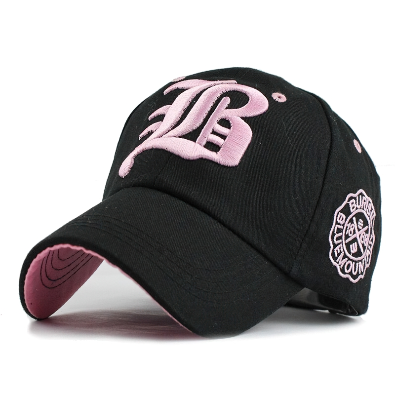 Fashion fitted unisex baseball cap in black with pink letter print and logo, stylish casual accessory.