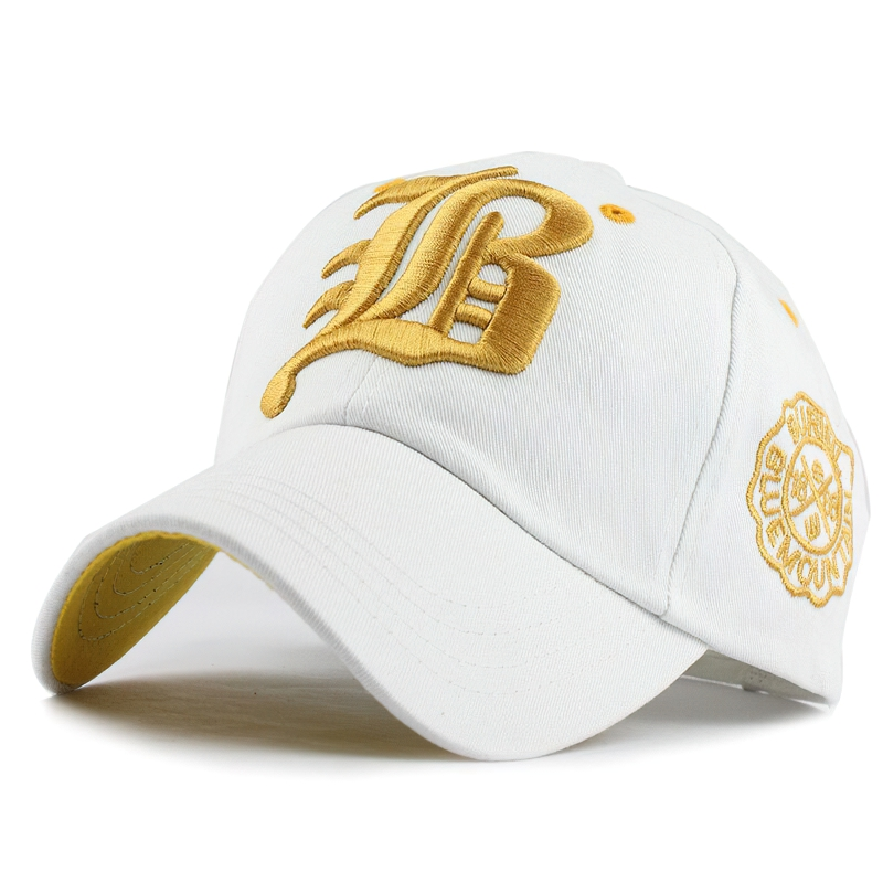 Unisex fitted baseball cap with letter print in white and yellow, perfect for casual stylish outfits.