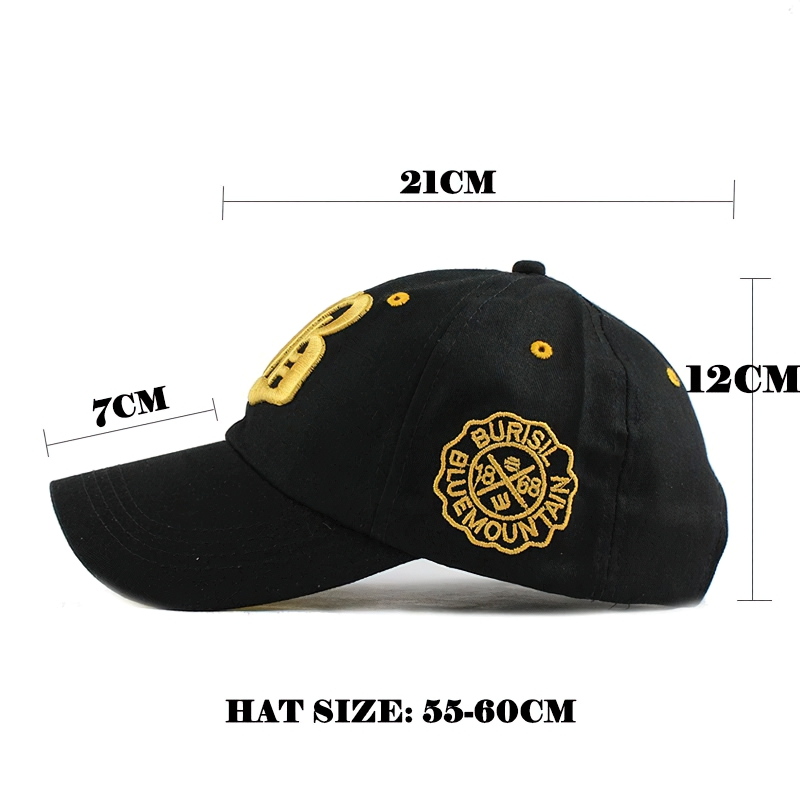 Black unisex baseball cap with yellow letter print, showing measurements, stylish casual accessory for all.