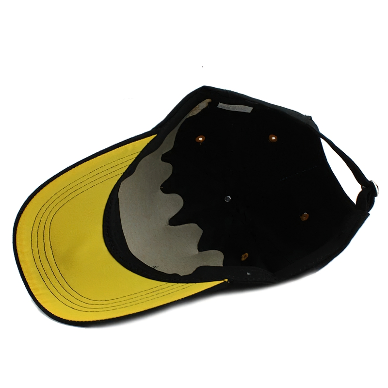 Inside view of a stylish unisex black and yellow baseball cap with letter print, perfect casual accessory.