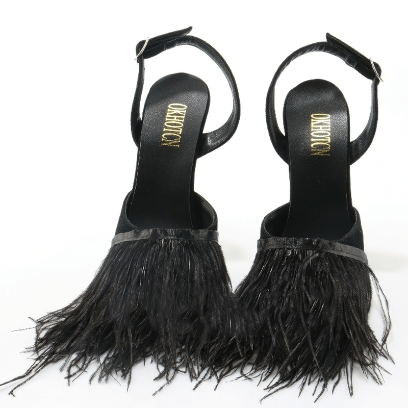 Fashion fringes black flock women's vintage pointy buckle shoes with stylish fringe details.