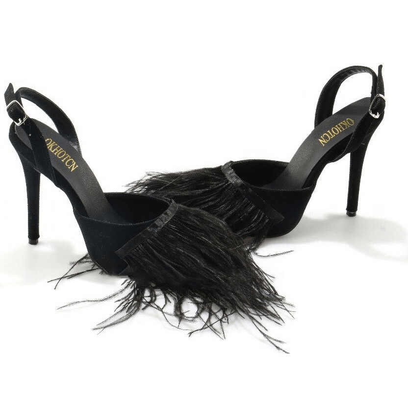 Stylish vintage black pointed toe slingback shoes with fringes for women, perfect for a chic wardrobe.