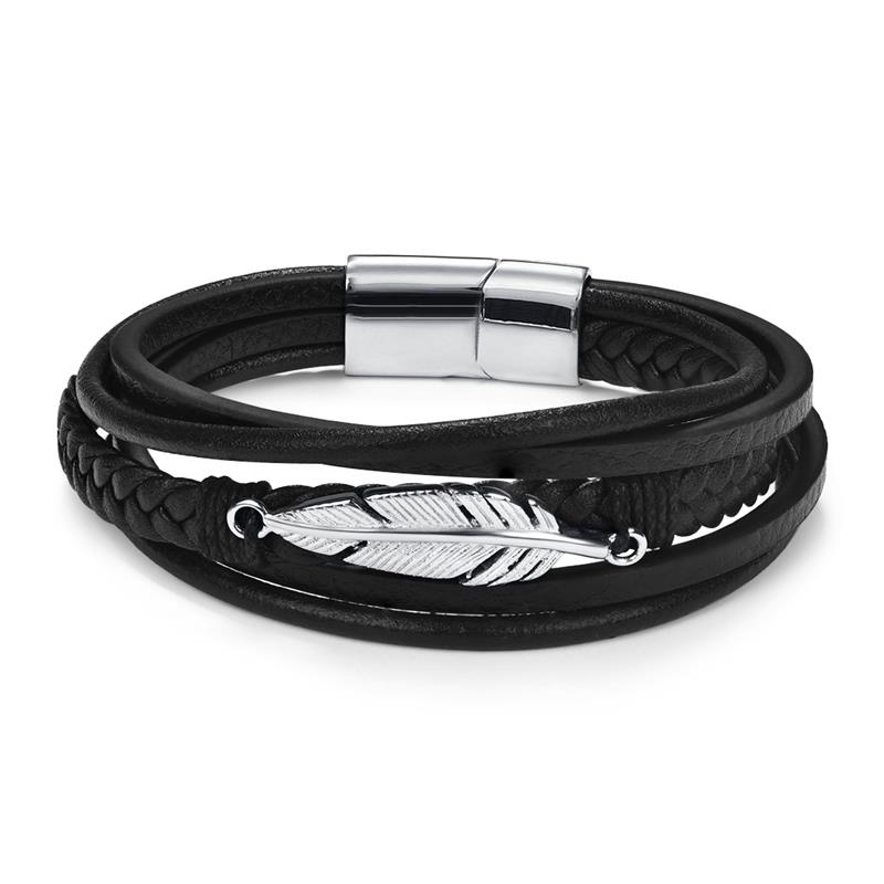 Stylish stainless steel leather bracelet featuring a feather design, perfect for trendy men and women.