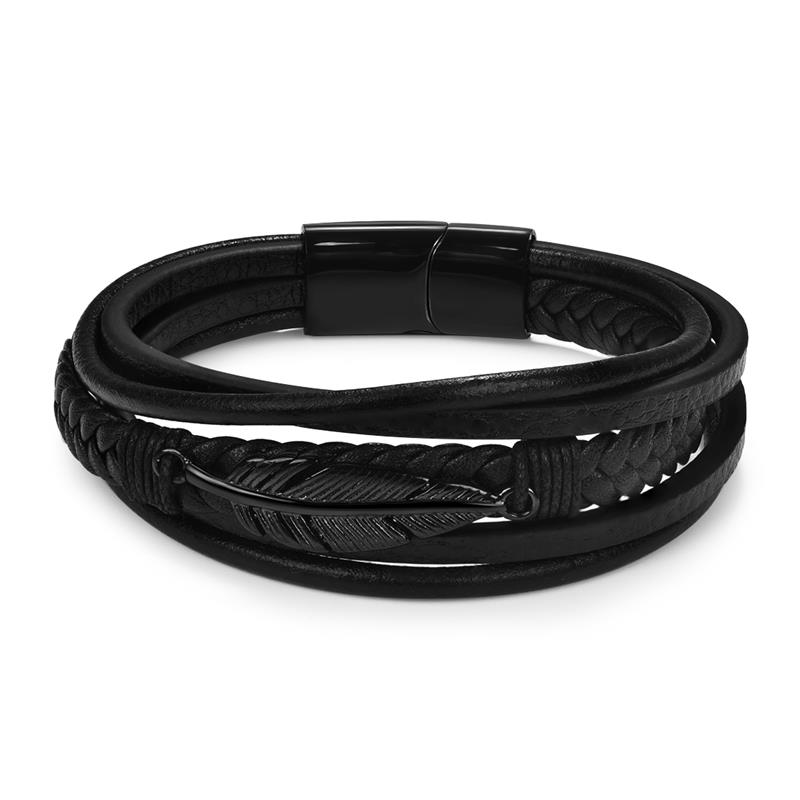 Stylish black leather bracelet with stainless steel feather accent, perfect for men and women.