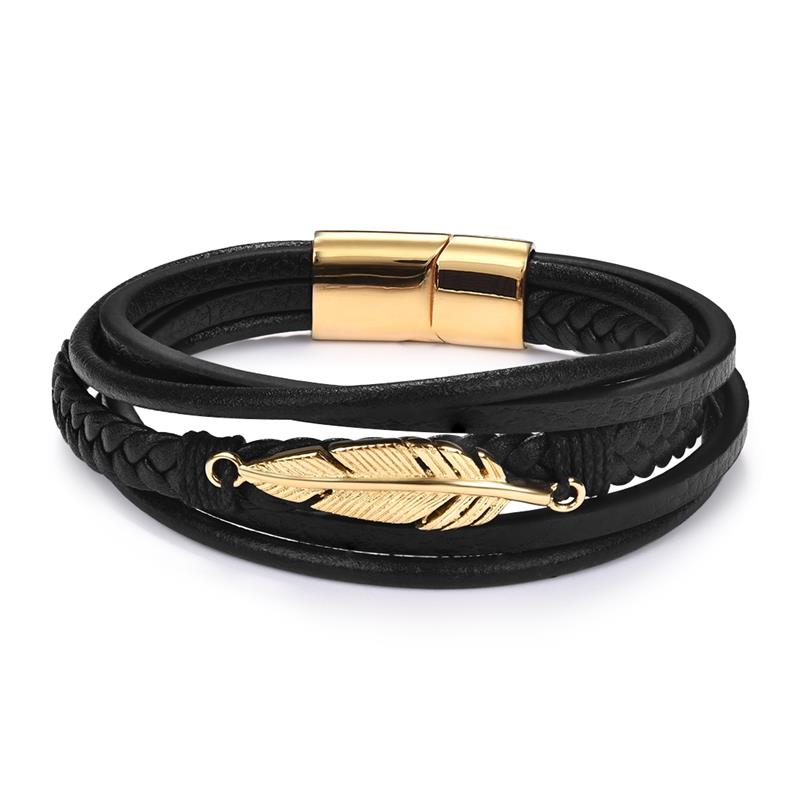 Fashion genuine leather bracelet featuring a stylish gold stainless steel feather, perfect for men and women.