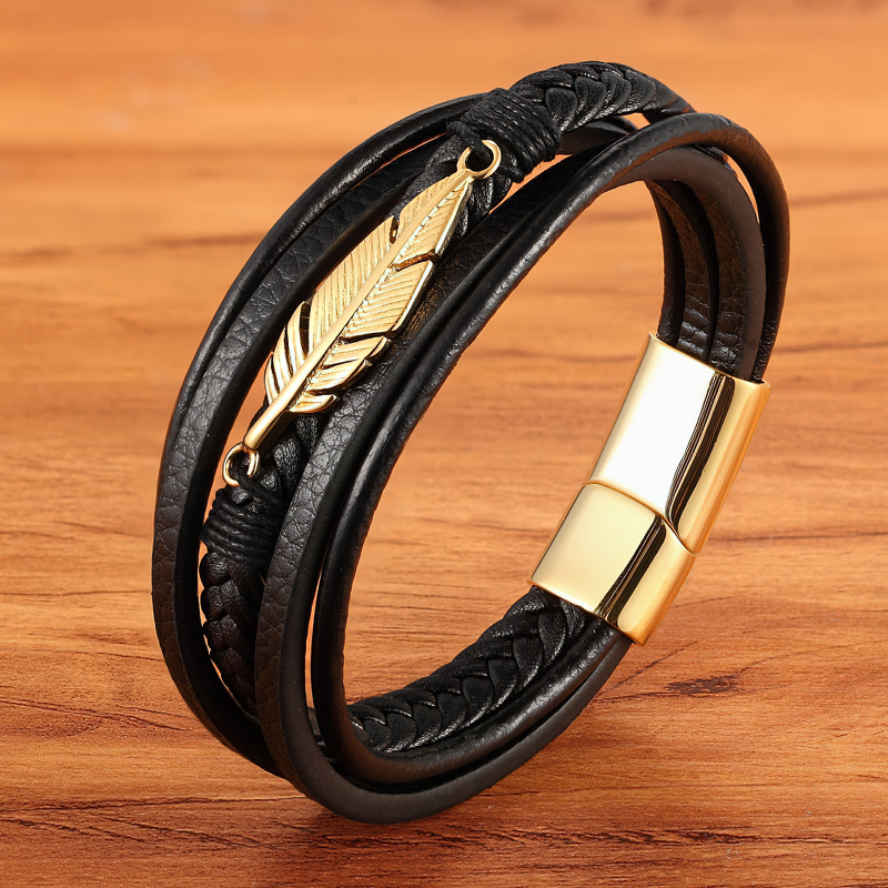 Stylish genuine leather bracelet with stainless steel feather accent, perfect for men and women fashion.