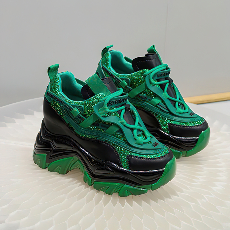 Fashionable genuine leather chunky platform women's sneakers in vibrant green and black colors.