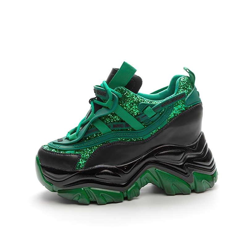 Stylish green and black genuine leather women's sneakers with chunky platform and glitter detail.