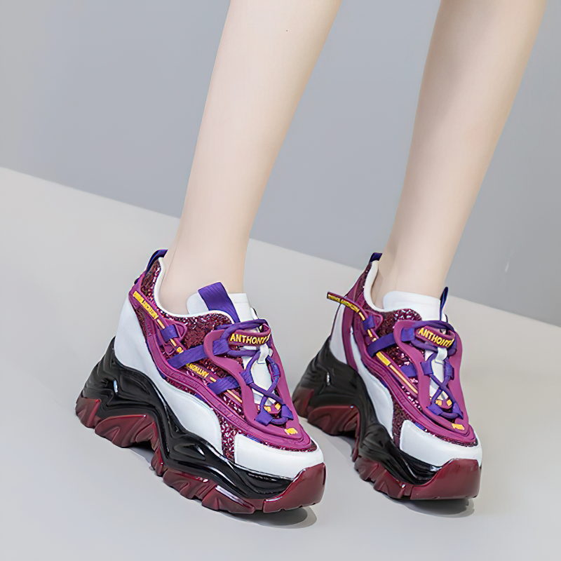 Genuine leather lace-up women's sneakers with chunky platform and colorful design, perfect for casual outfits.