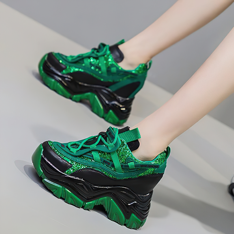 Green genuine leather chunky platform sneakers for women, lace-up casual footwear with fun design.