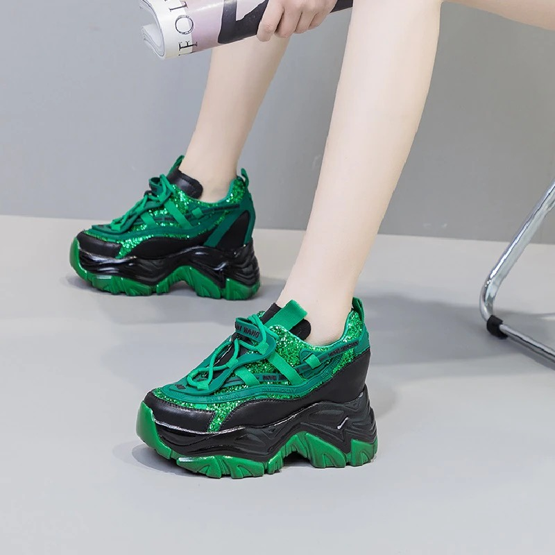 Chunky green platform lace-up women's sneakers showcasing a casual chic style and fun color mix for stylish outfits.