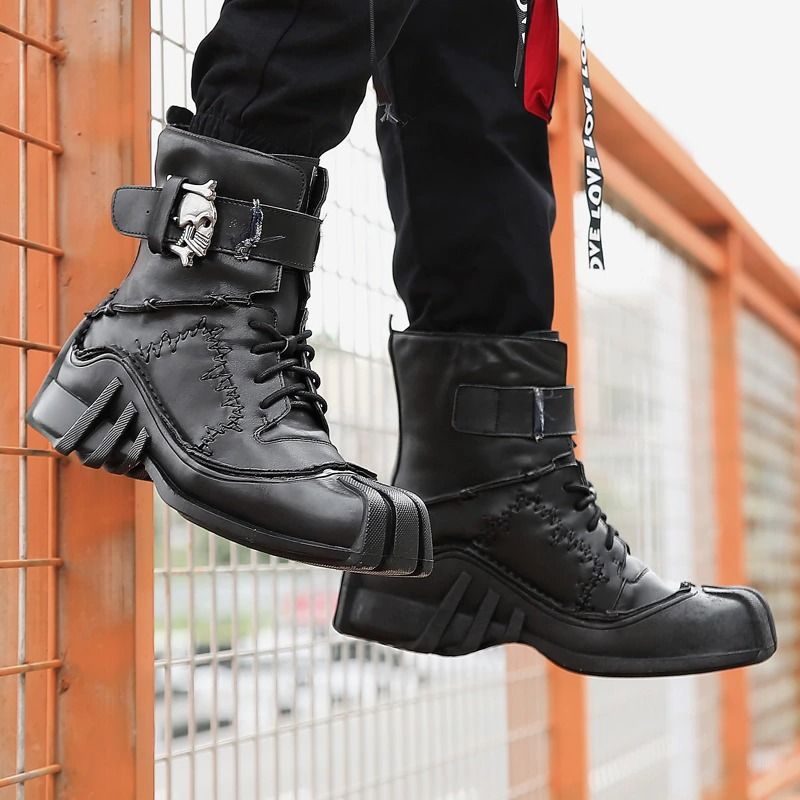Mens Boots Skull Buckle Motorcycle Boots Fashion Genuine Leather