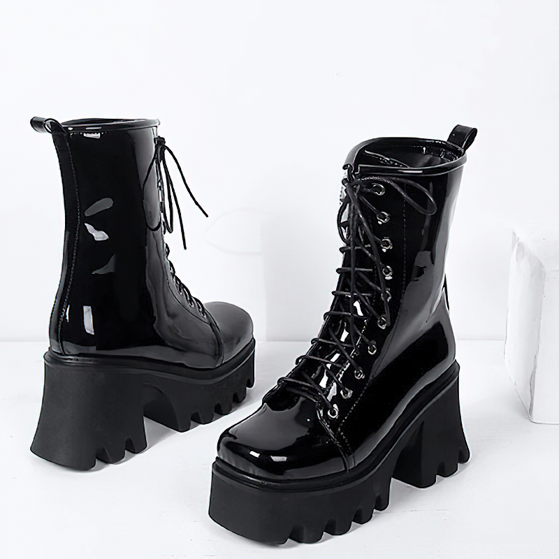 Fashion Genuine Leather Platform Boots / Ladies Round toe Lace Up Ankle Boots - HARD'N'HEAVY