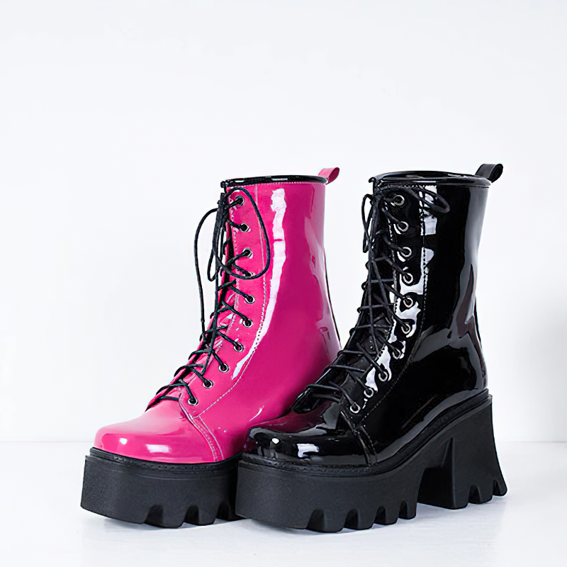 Fashion genuine leather platform boots in pink and black, featuring round toes and lace-up design.