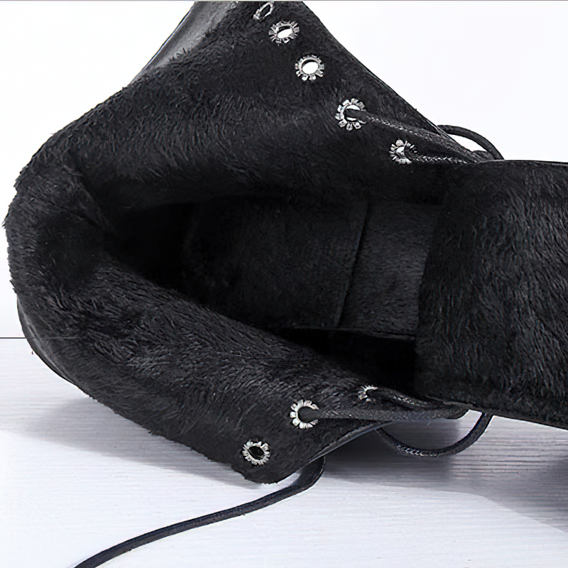 Interior view of black genuine leather platform boots showcasing soft lining and lace-up details.