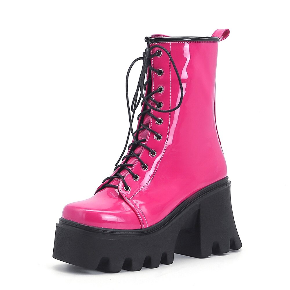 Bright pink genuine leather platform boots with round toe and lace-up design, perfect for stylish women's casual wear.