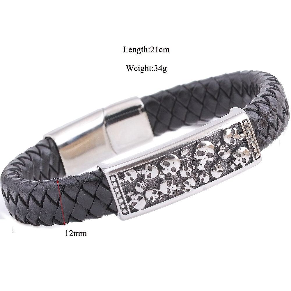 Fashion men's leather bracelet with skulls, stainless steel detail, perfect for rock punk style, measuring 21cm.